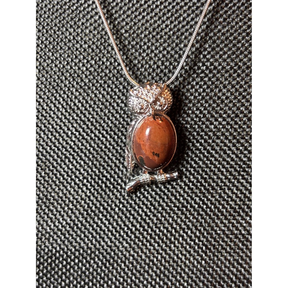 Owl Pendant Necklace Silver Tone Stainless Steel Snake Chain Brown Jasper Stone